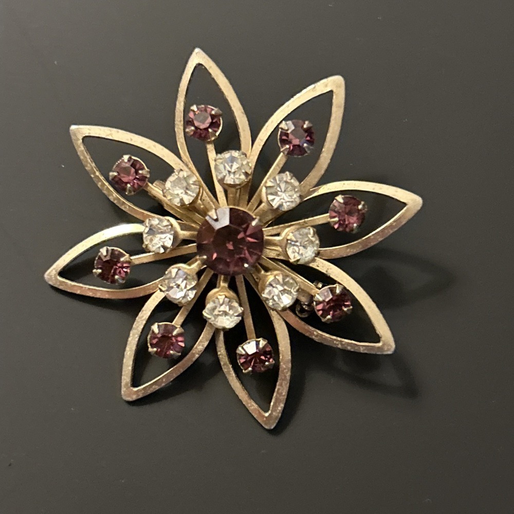 Atomic Style Brooch Pin Purple & Clear Sparkle Rhinestones Prong Style Goldtone